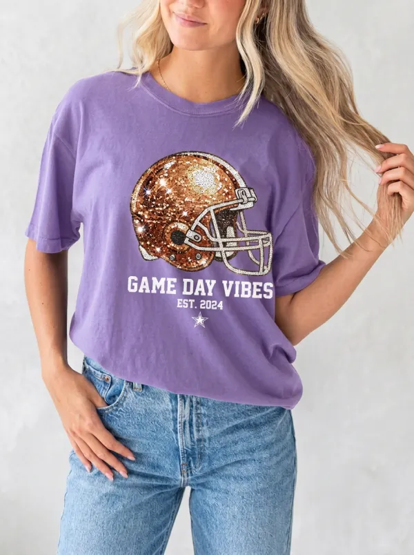 Women's Football Fan Game Day Vibes Sequin Helmet Printed T-Shirt