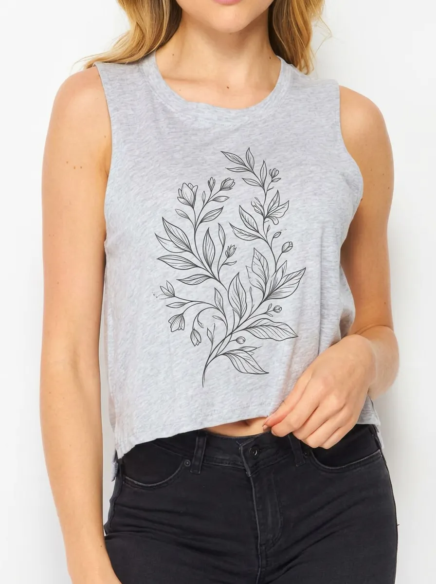 Women's Botanical Nature Lover Floral Line Art Printed Crop Tank Top