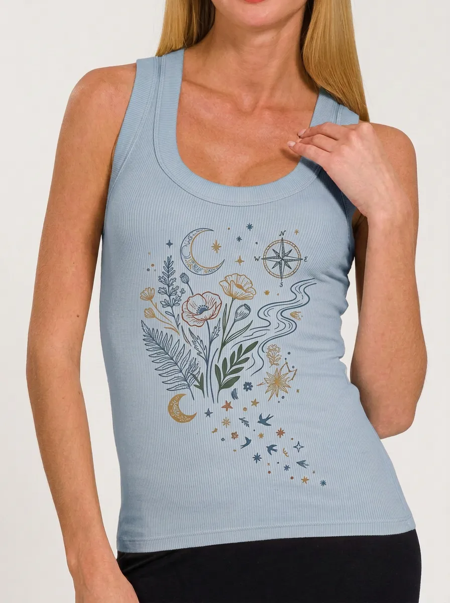 Women's Celestial Floral Compass Printed Ribbed Tank Top