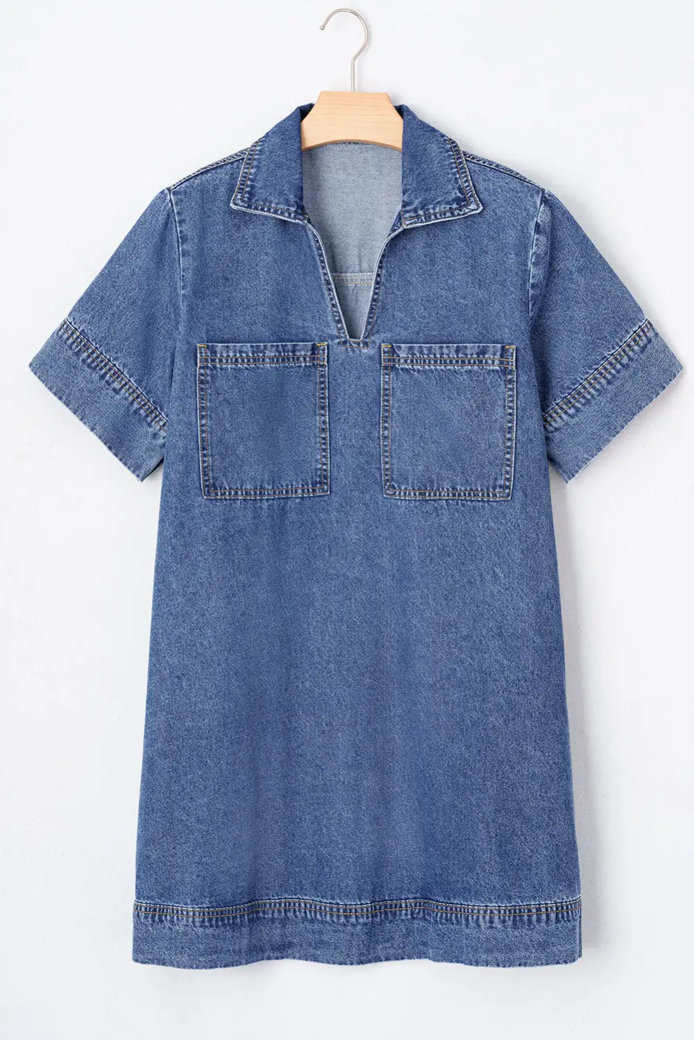 Denim Look Pocket Detail Collared Mini Dress