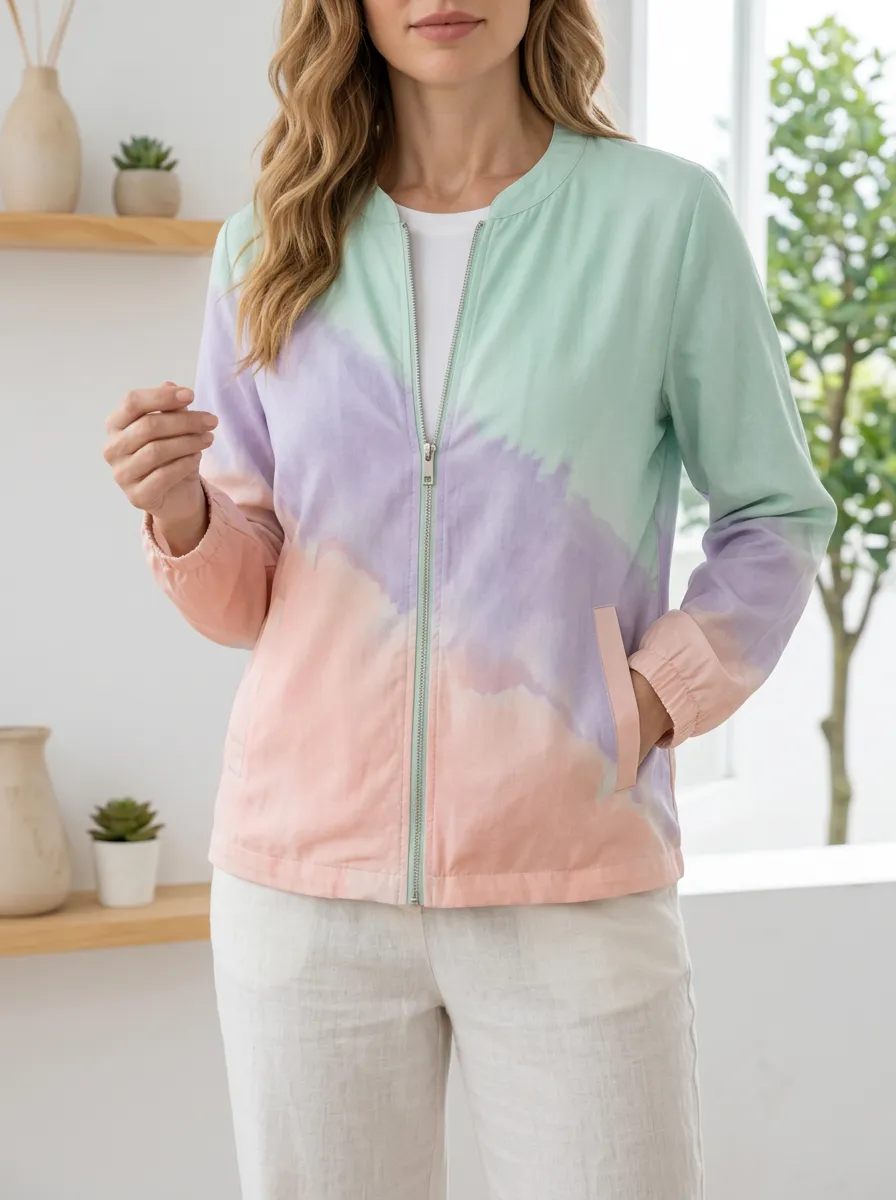 Women's Pastel Tie Dye Color Block Printed Jacket