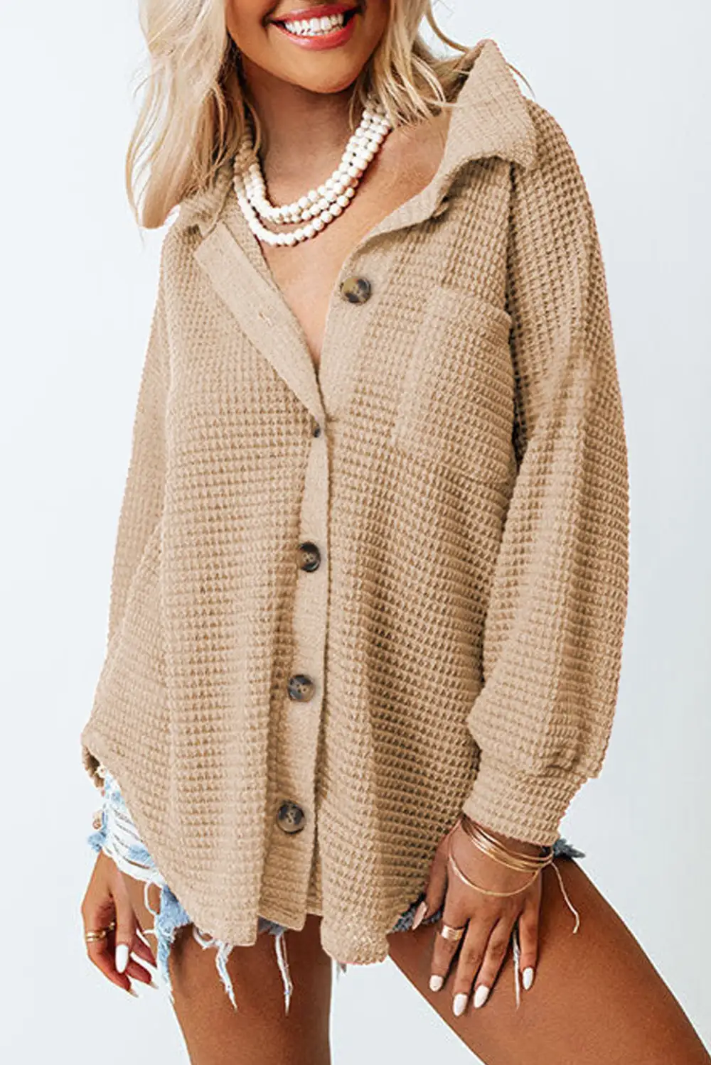 Waffle Knit Button Front Blouse