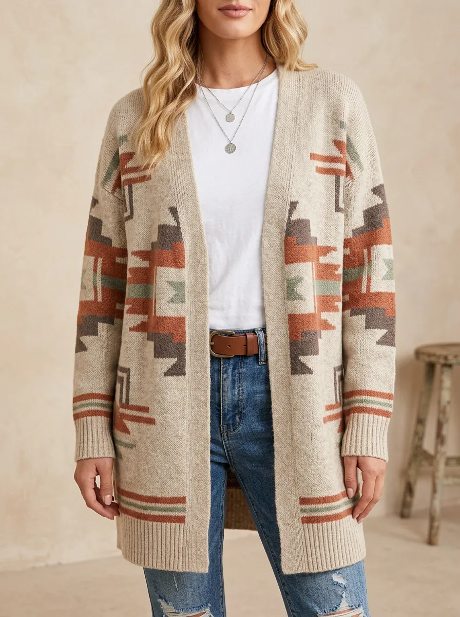 Women's Western Beige Geometric Pattern Open-Front Cardigan