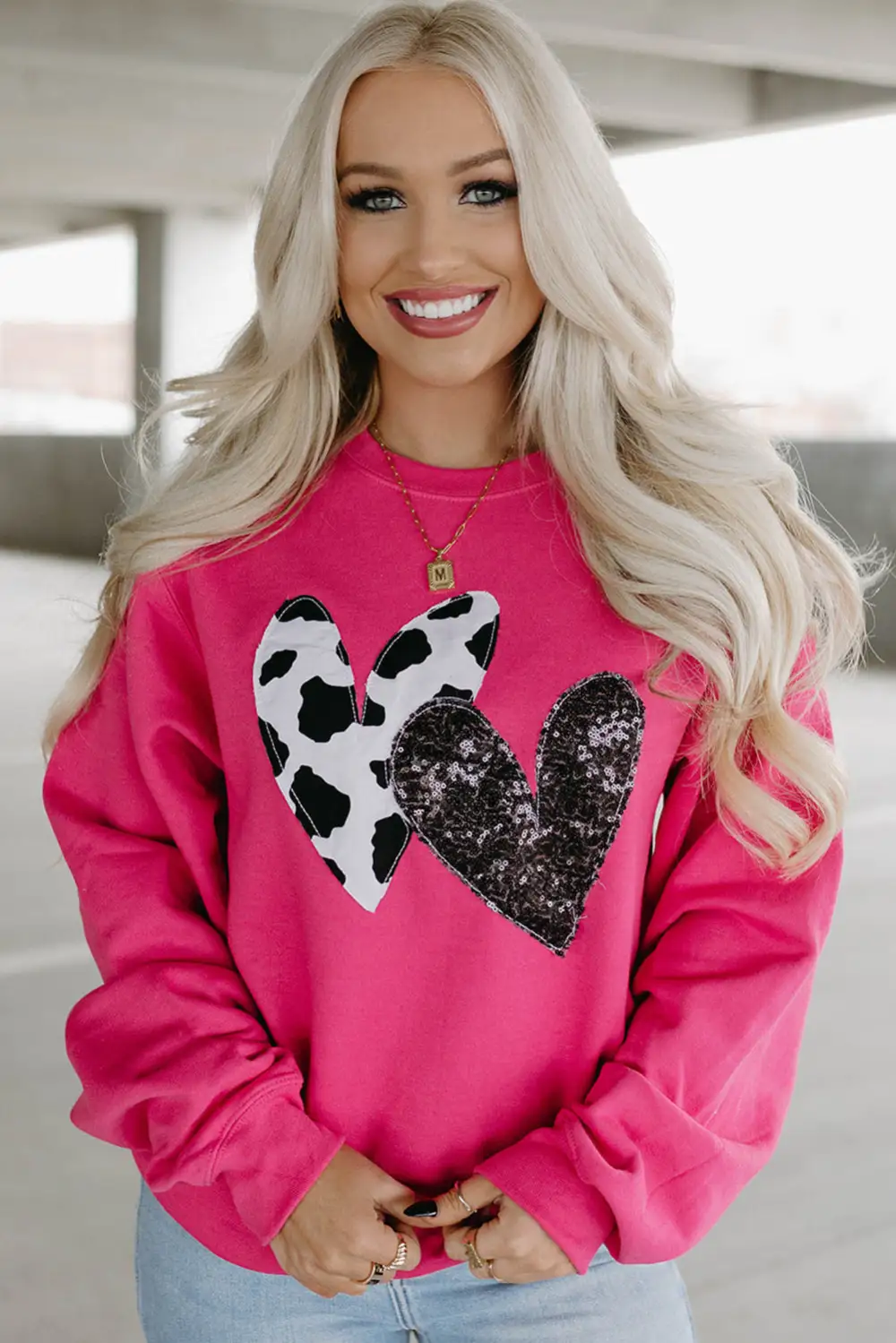 Cow Sequin Double Heart Patch Graphic Sweatshirt