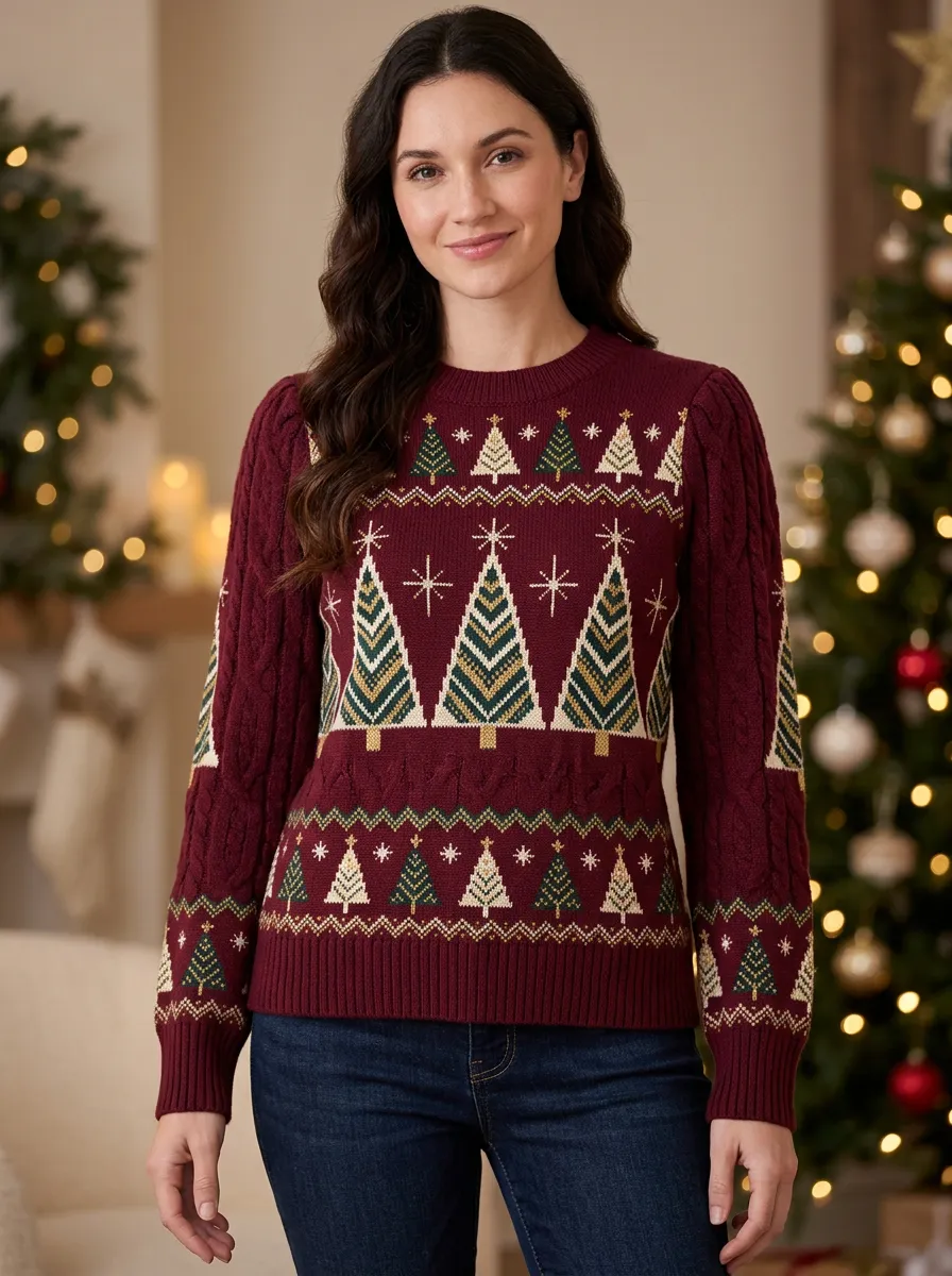 Christmas Holiday Pine Tree Pattern Knitted Sweater