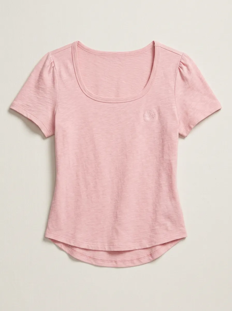 Women's Pink Cherry Blossom Embroidered Scoop Neck T-shirt