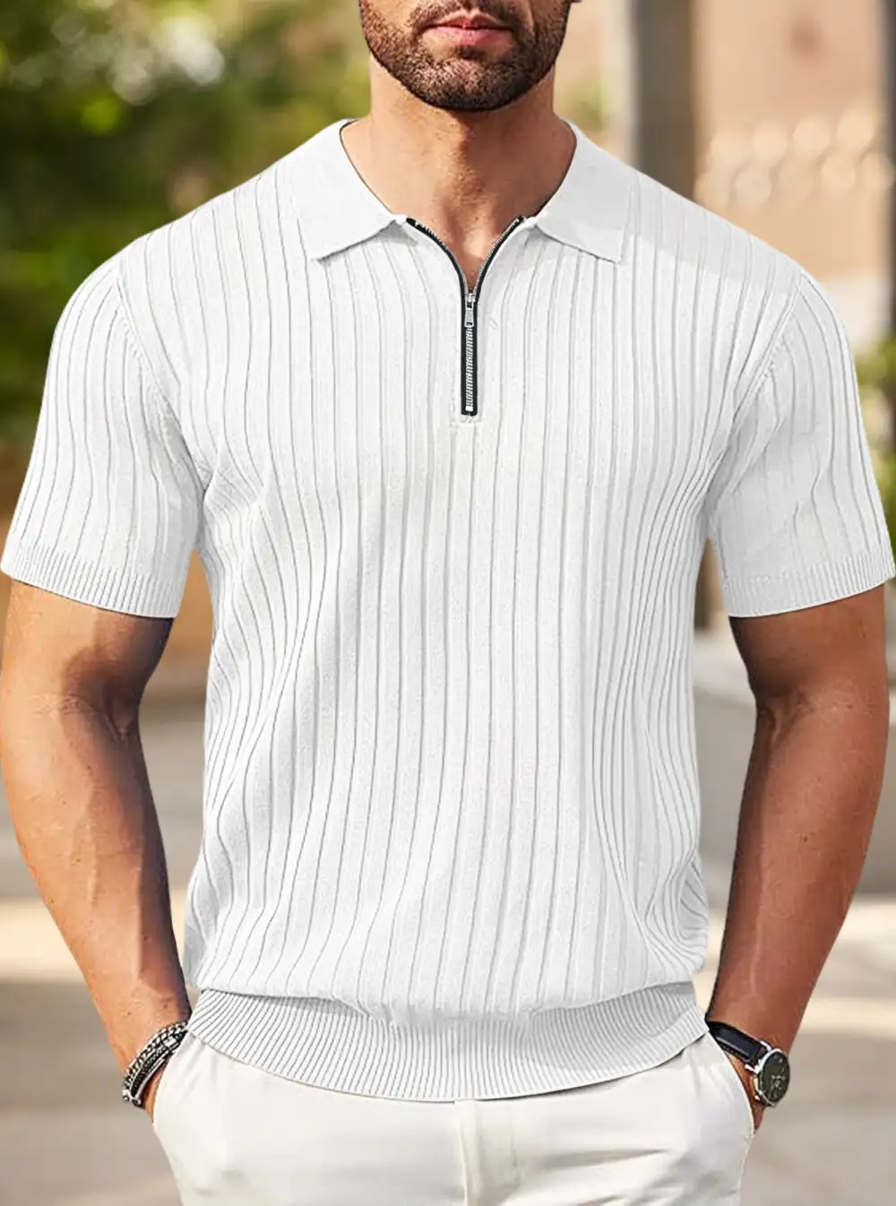 Zip Front Short Sleeve Fine Knit Polo Shirt