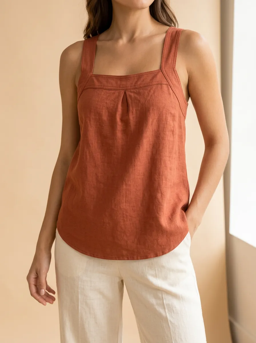 Women's Square Neck Wide Strap Curved Hem Linen Camisole Top