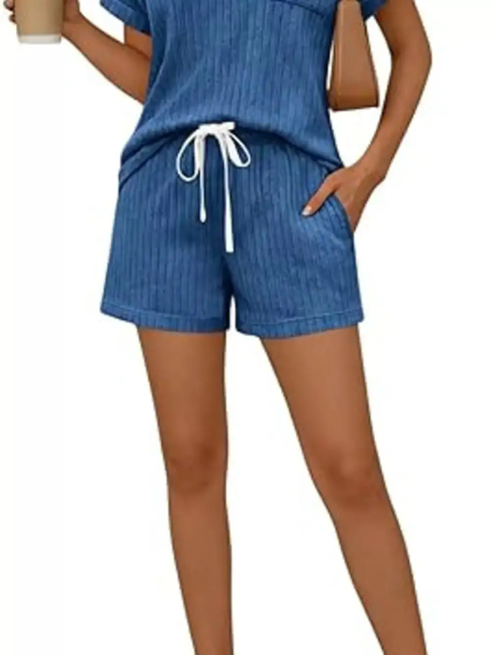 Casual Ribbed Knit Tee Shorts Set