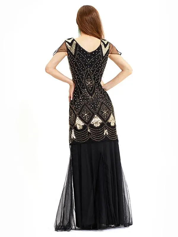 Layered Sequined Flapper V Neck Fringe Flapper Dress
