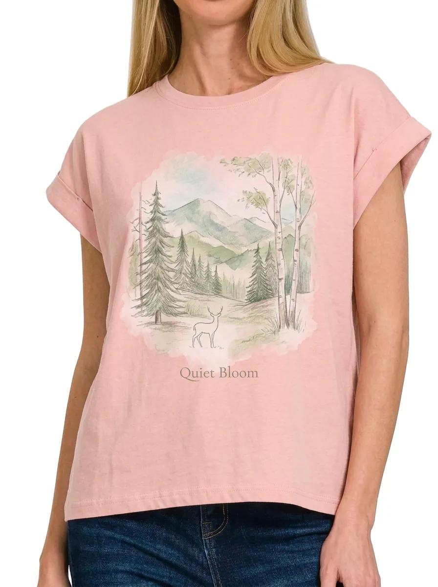 Women's Nature Lover Deer Mountain Forest Printed T-shirt