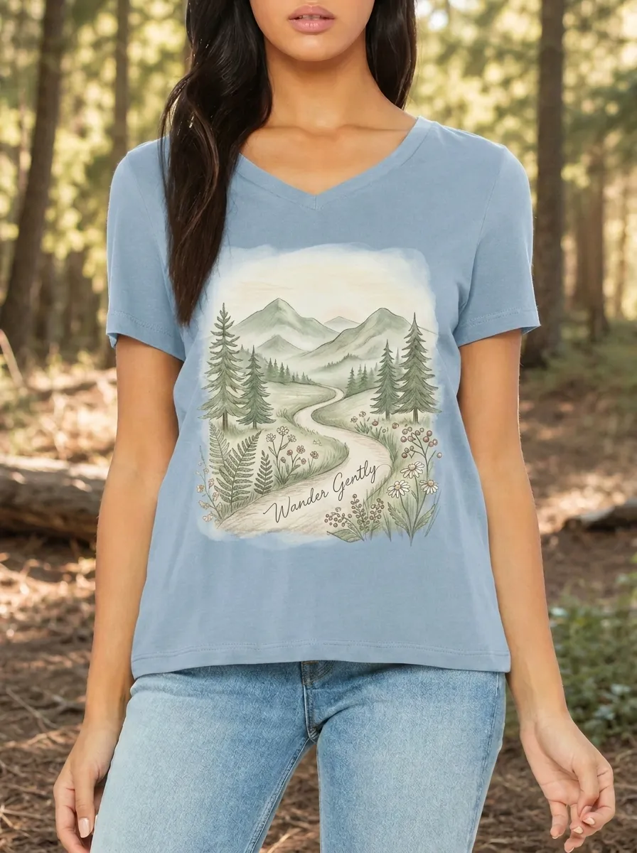 Women's Nature Lover Wander Gently Mountain Forest Printed V-neck T-shirt
