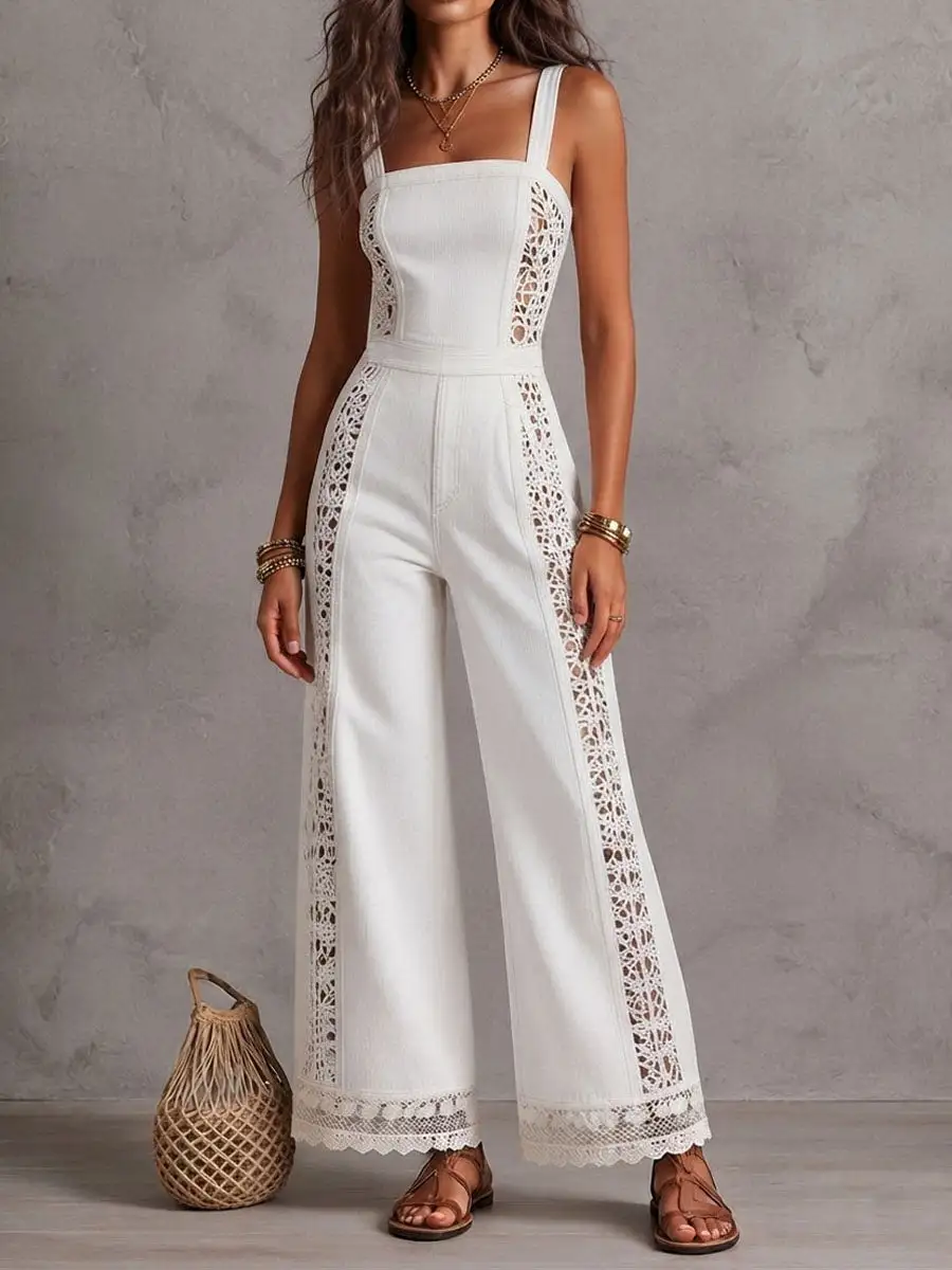 Boho White Denim Square Neck Crochet Lace Wide Legs Jumpsuit