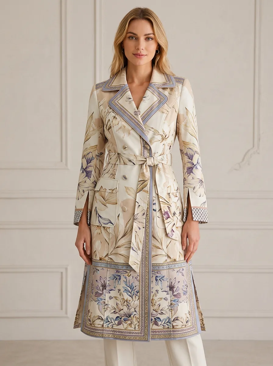 Women's Vintage Floral Botanical Printed Trench Coat