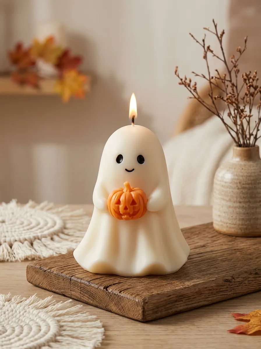 Halloween Ghost Holding Pumpkin Shaped Wax Candle