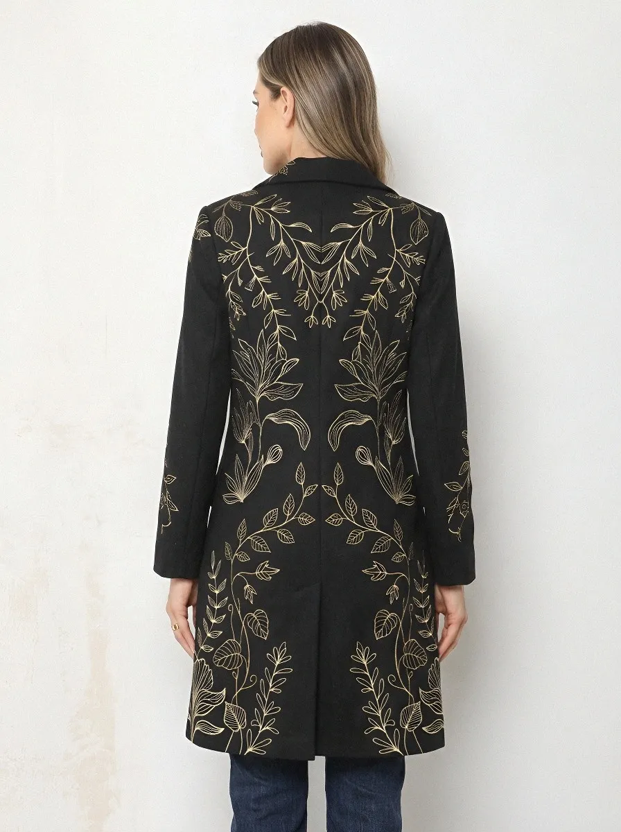 Women's Botanical Floral Gold Line Art Printed Long Coat
