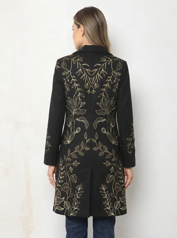 Women's Botanical Floral Gold Line Art Printed Long Coat