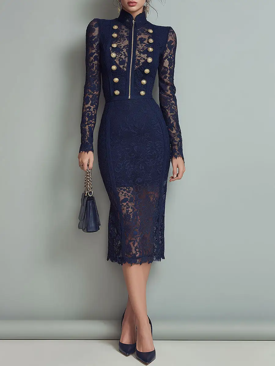 Retro Lace Long Sleeve Midi Dress with Gold Button Detail