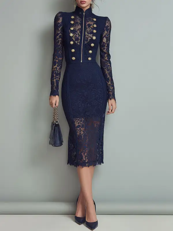 Retro Lace Long Sleeve Midi Dress with Gold Button Detail