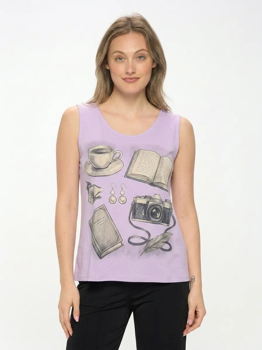 Women's Coffee Book Camera Hobbyist Printed Tank Top