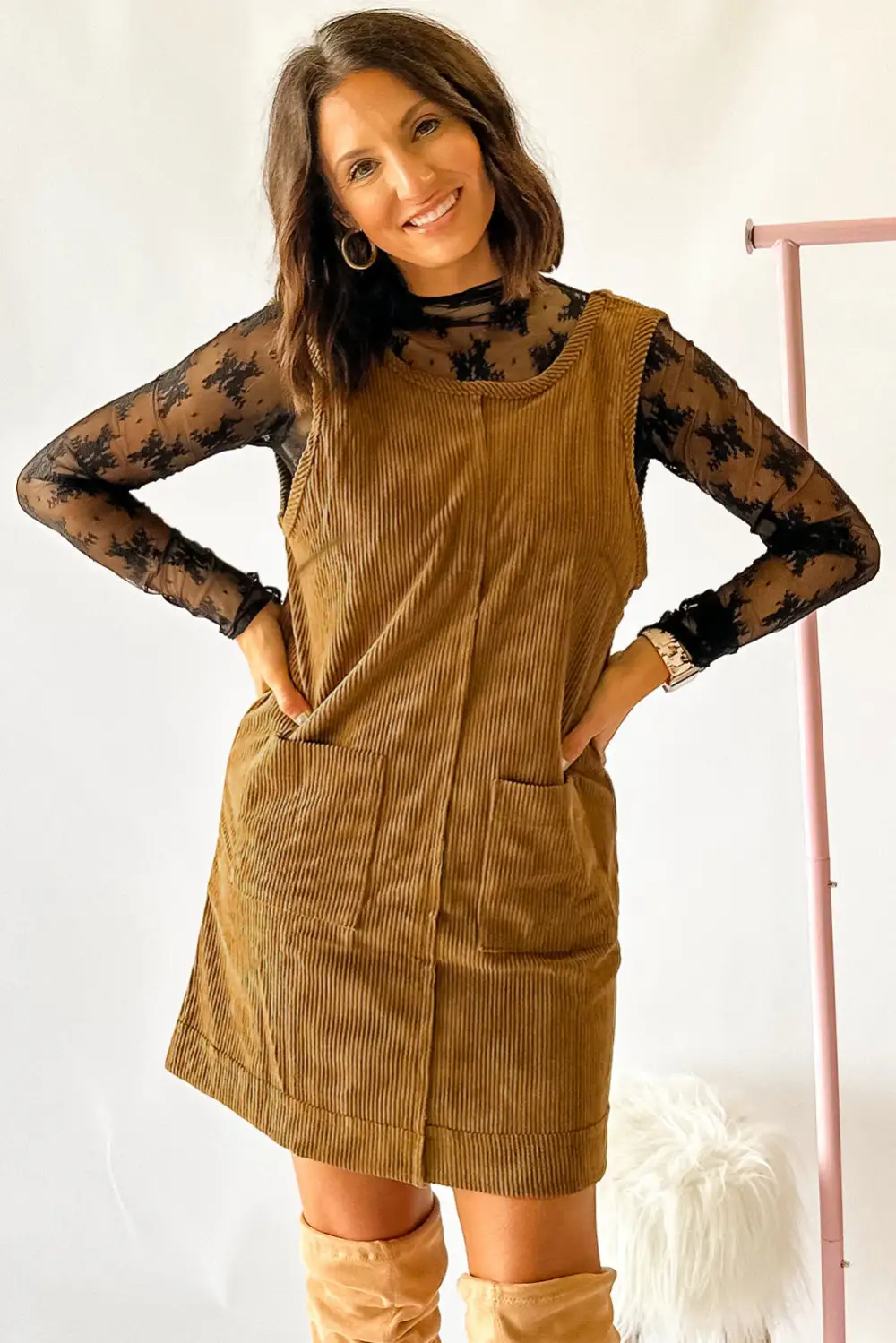 Corduroy Sleeveless Mini Dress With Patched Pockets Classic