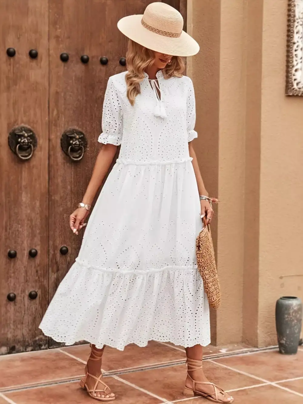 Eyelet Tie Neck Half Sleeve Midi Dress