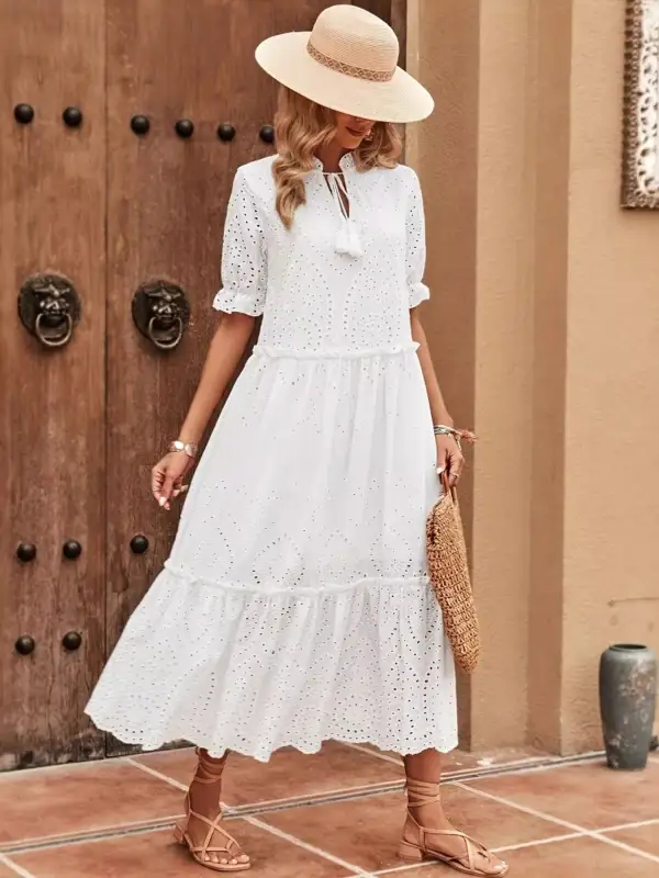 Eyelet Tie Neck Half Sleeve Midi Dress