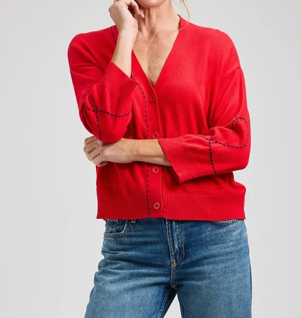 Cotton Cashmere Embroidered V-Neck Cardigan Red