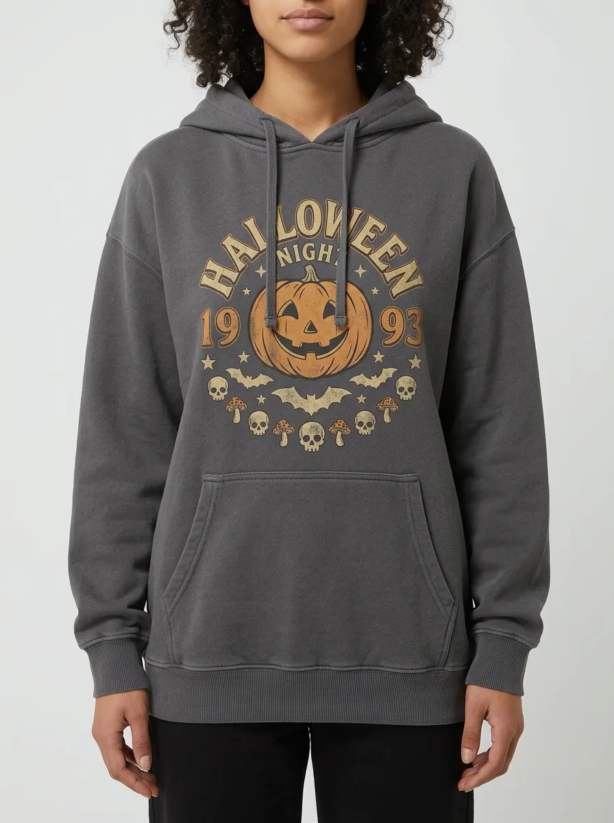 Women's Halloween 1993 Pumpkin Skull Bat Printed Hoodie