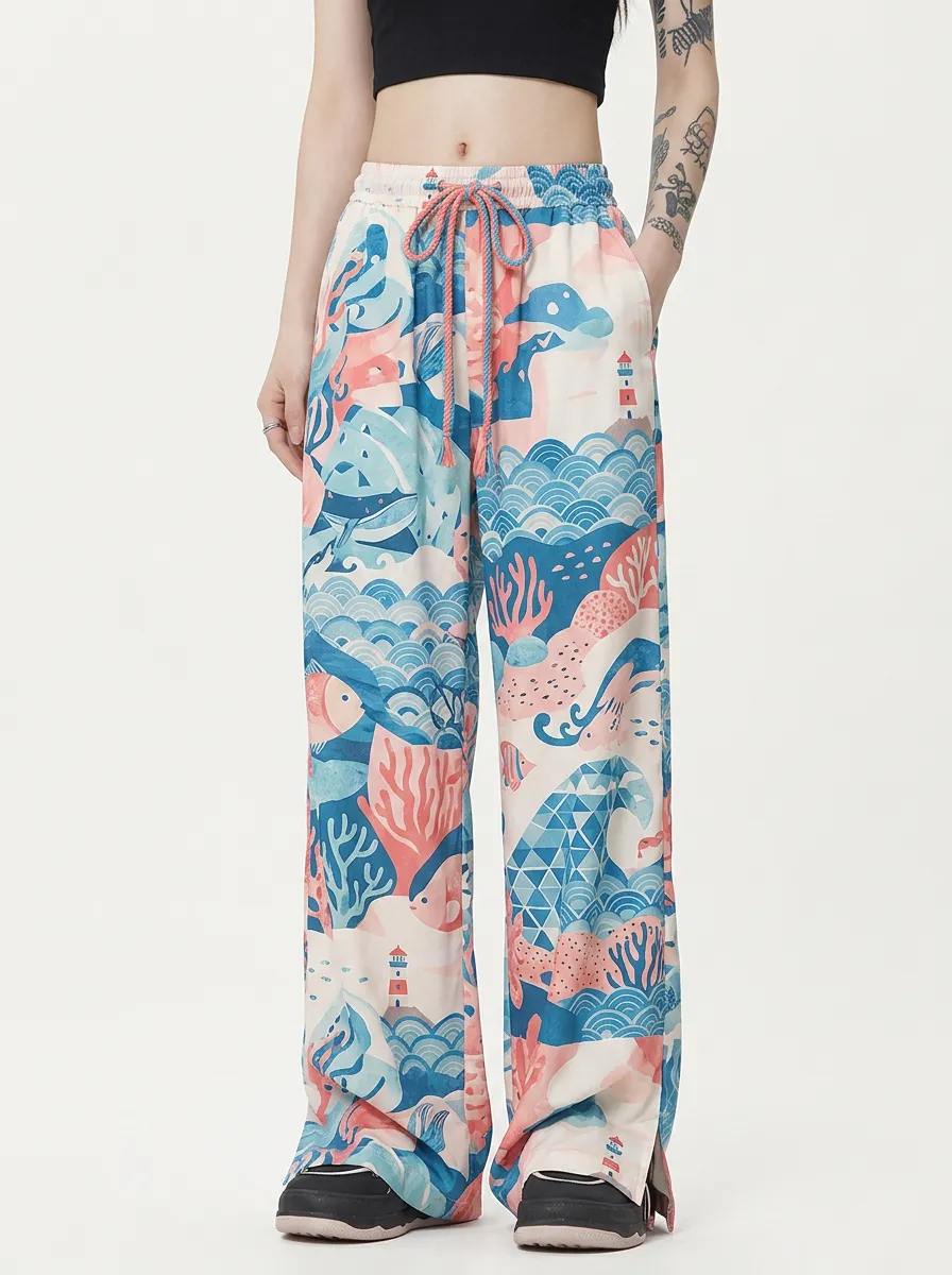 Women's Ocean Lover Lighthouse Coral Printed Wide Leg Pants