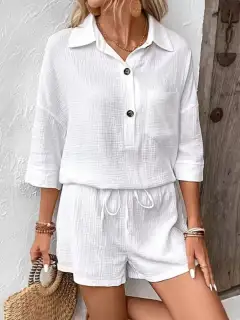 Button-Detail Pocketed Cotton Top and Shorts Matching Set
