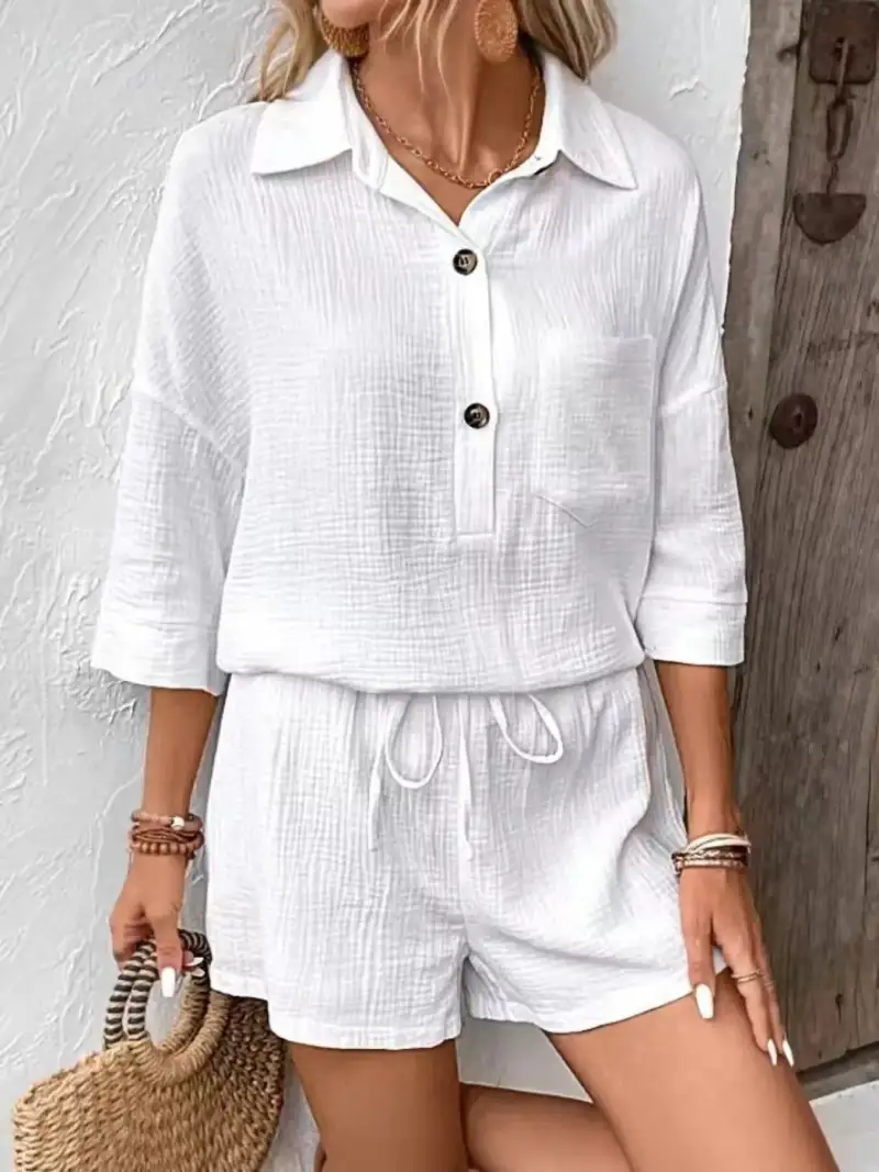 Button-Detail Pocketed Cotton Top and Shorts Matching Set