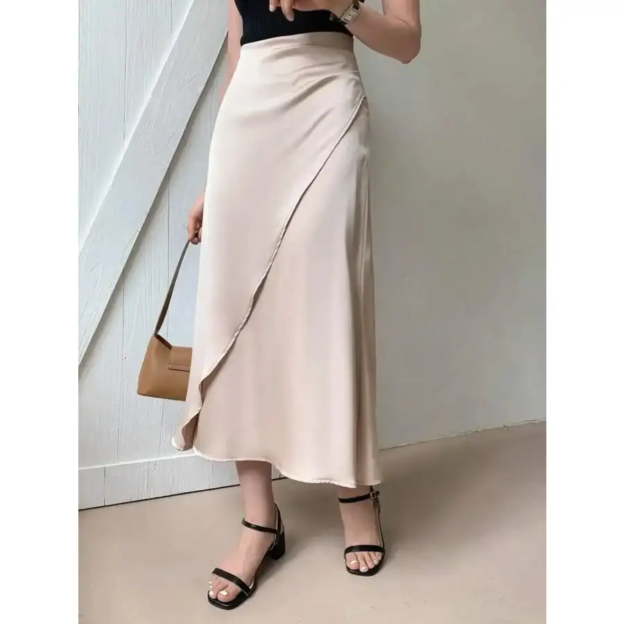 Asymmetric Wrap Midi Skirt with Fluted Hem