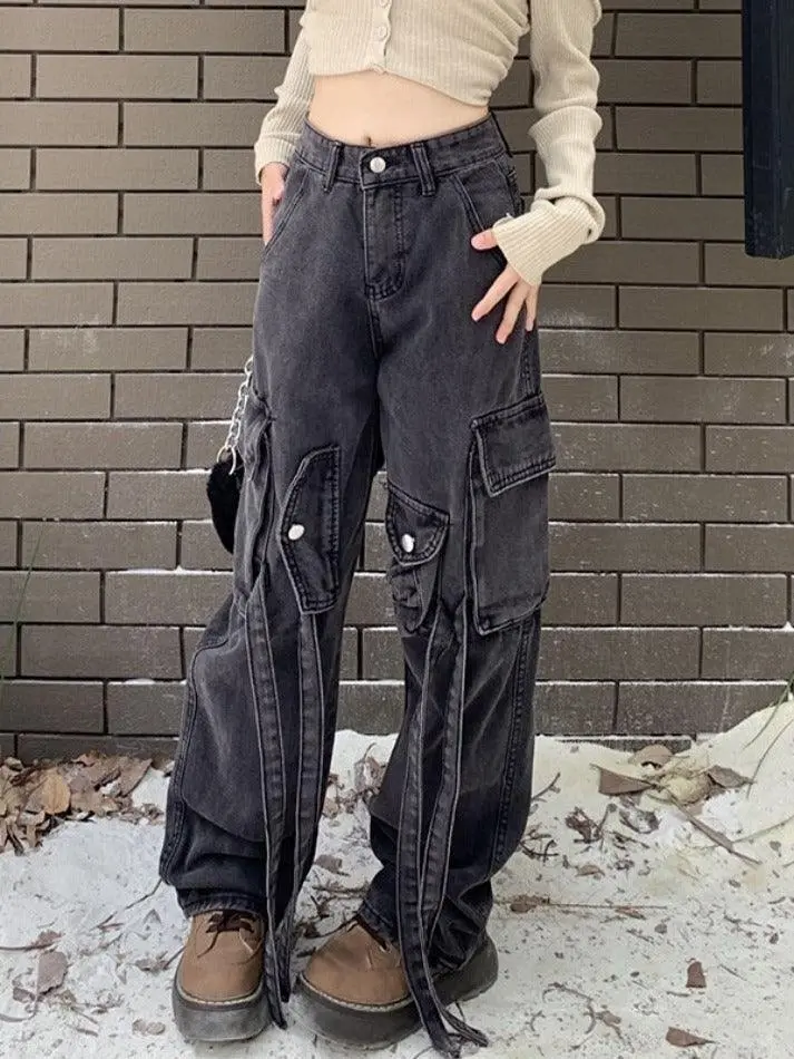 Vintage Wash High Rise Multi Pocket Cargo Jeans