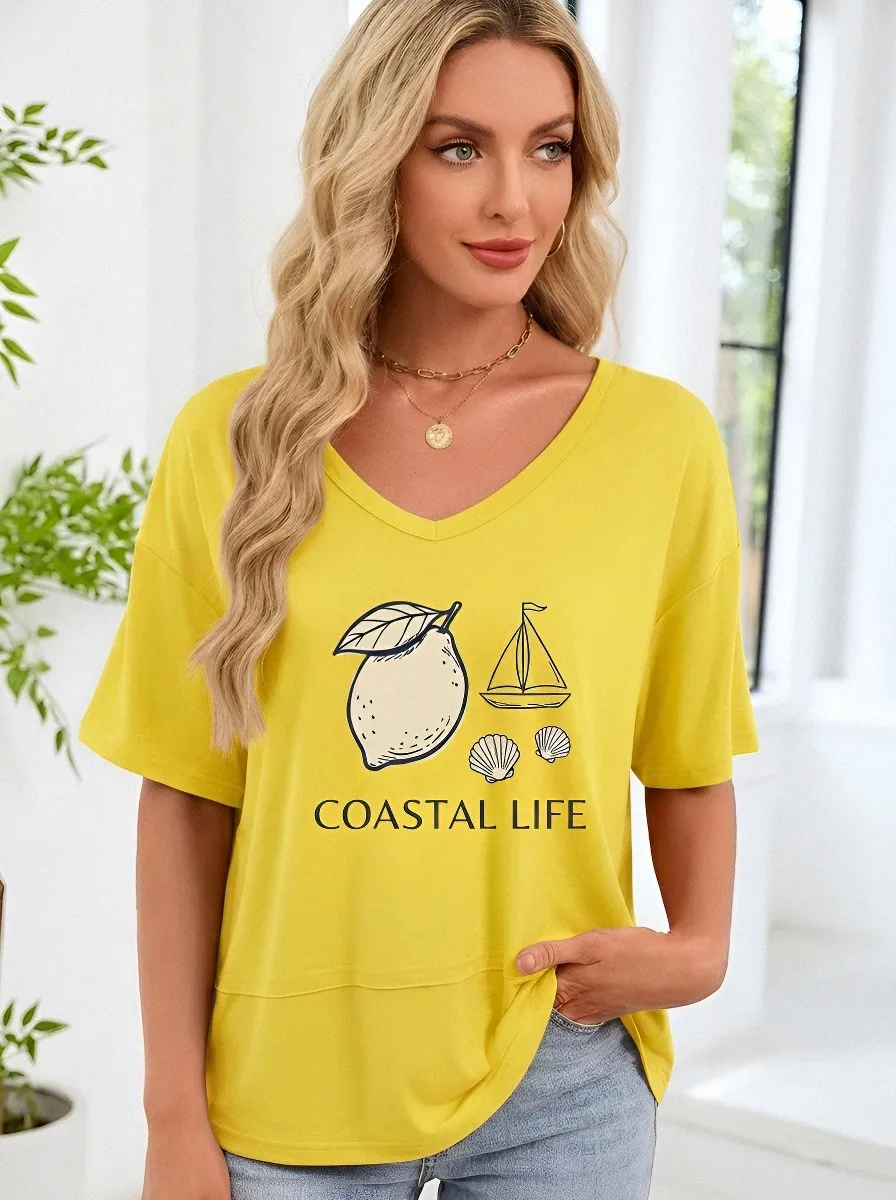 Women's Coastal Life Lemon Sailboat Seashell Printed T-shirt