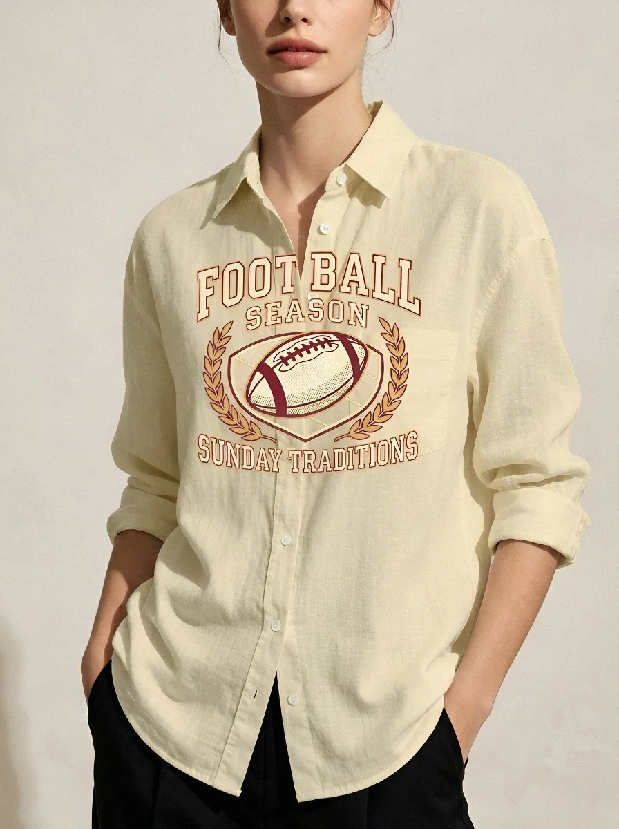 Women's Football Season Sunday Traditions Printed Button-down Shirt