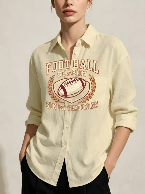 Women's Football Season Sunday Traditions Printed Button-down Shirt