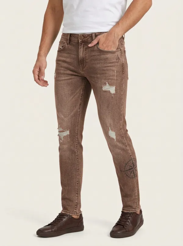 Men's Compass Graphic Distressed Graphic Slim-Fit Jeans