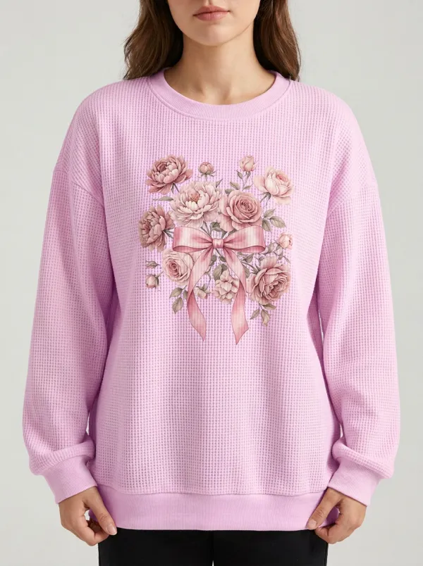 Graceful Ribbon Floral Women's Breast Cancer Awareness Waffle Sweatshirt