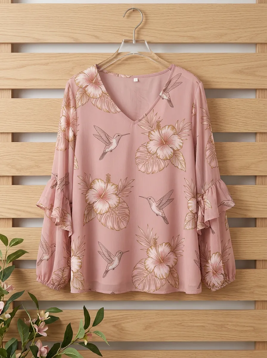 Hummingbird Hibiscus V-Neck Women's Loose Printed Blouse