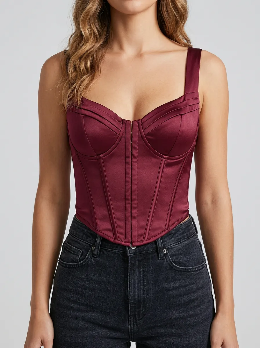 Hook-and-Eye Boned Satin-Look Women's Corset Top