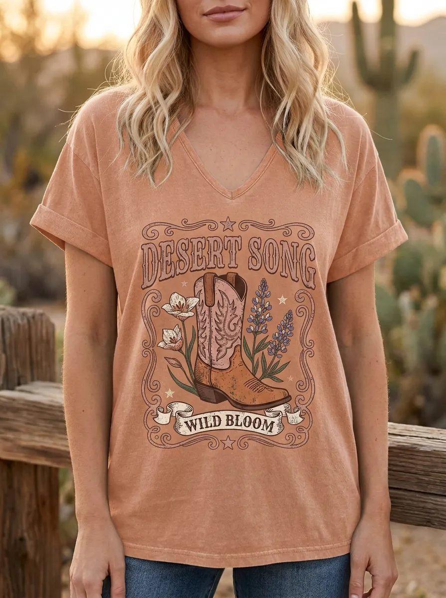 Women's Western Desert Song Cowboy Boot Floral Printed V-Neck T-Shirt