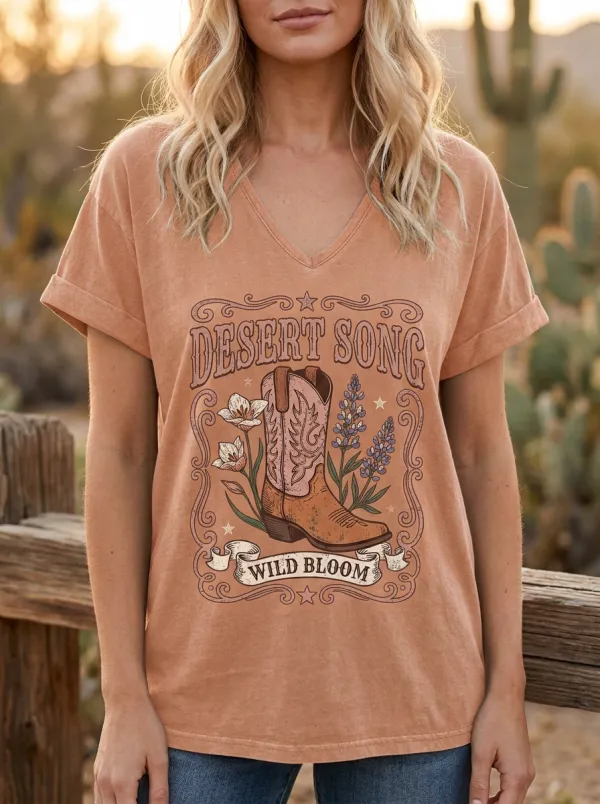 Women's Western Desert Song Cowboy Boot Floral Printed V-Neck T-Shirt