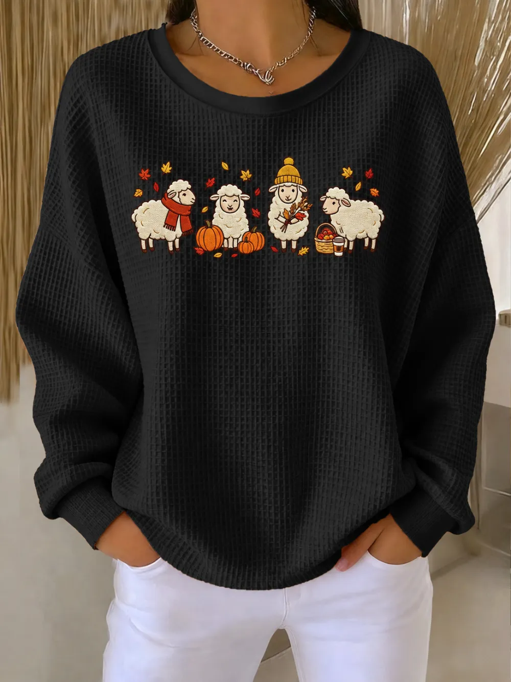 Women'S Autumn Sheep Pumpkin Printed Waffle Casual Sweatshirt