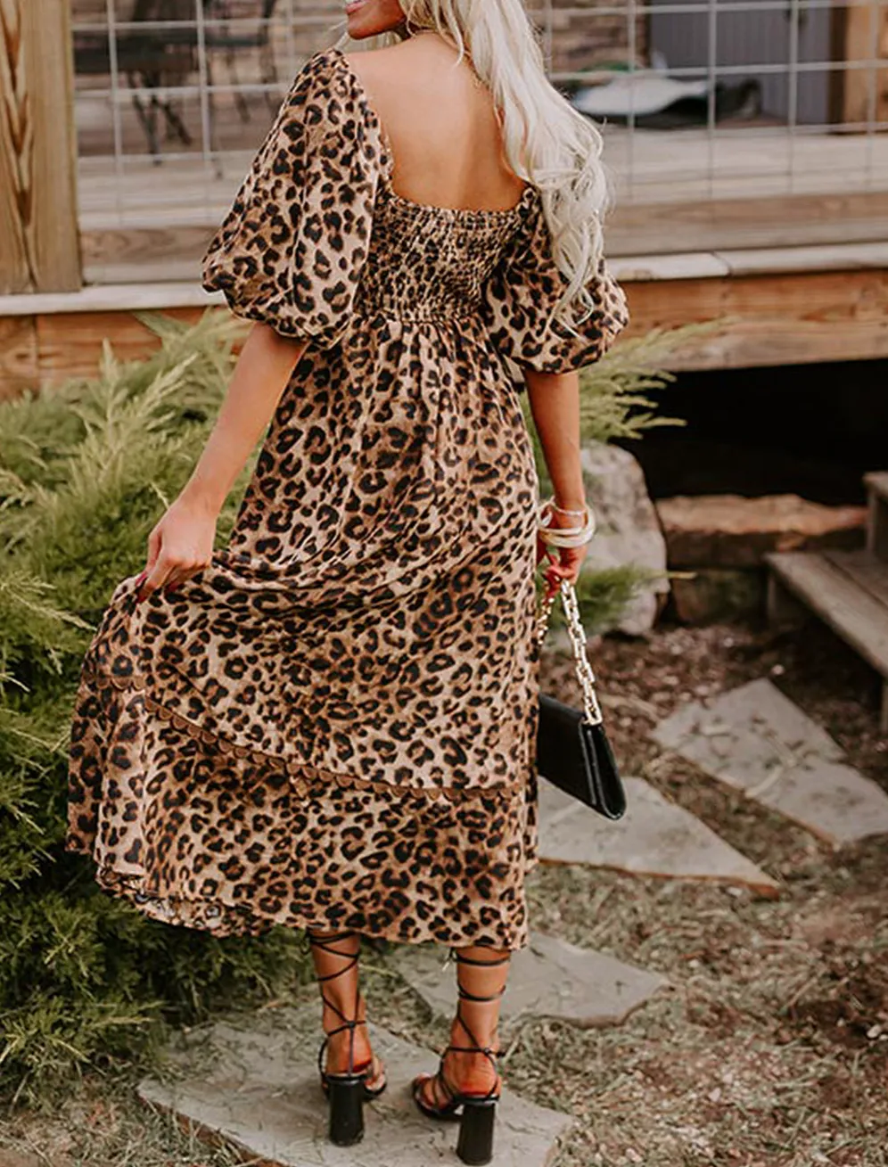 Leopard Print Bubble Sleeve Square Neck Maxi Dress