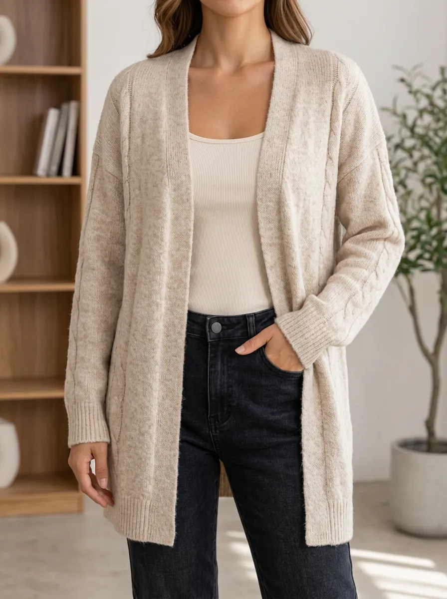Women's Relaxed Cable Knit Open Front Dropped Shoulder Cardigan