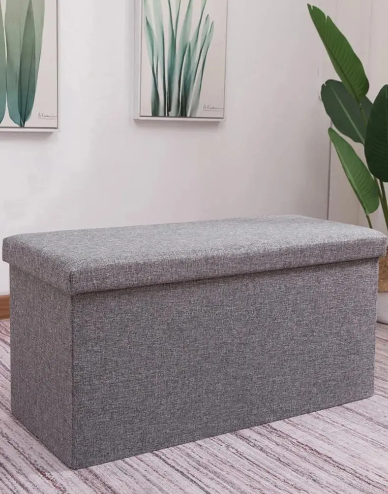 Lidded Rectangular Fabric Linen Ottoman Laundry Hamper