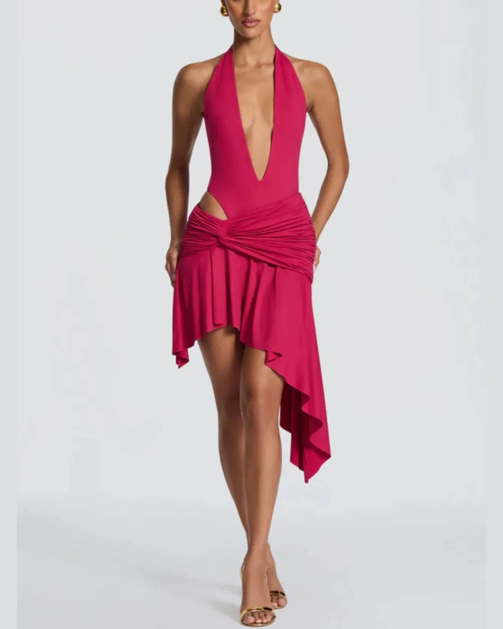 V Halter Twist Asymmetric Mini Dress