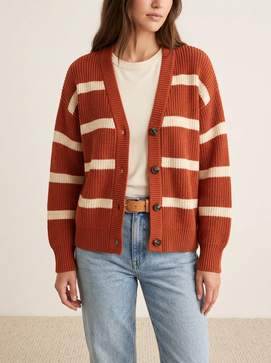Varsity Inspired Distinctive Rugby Striped Knit Cardigan