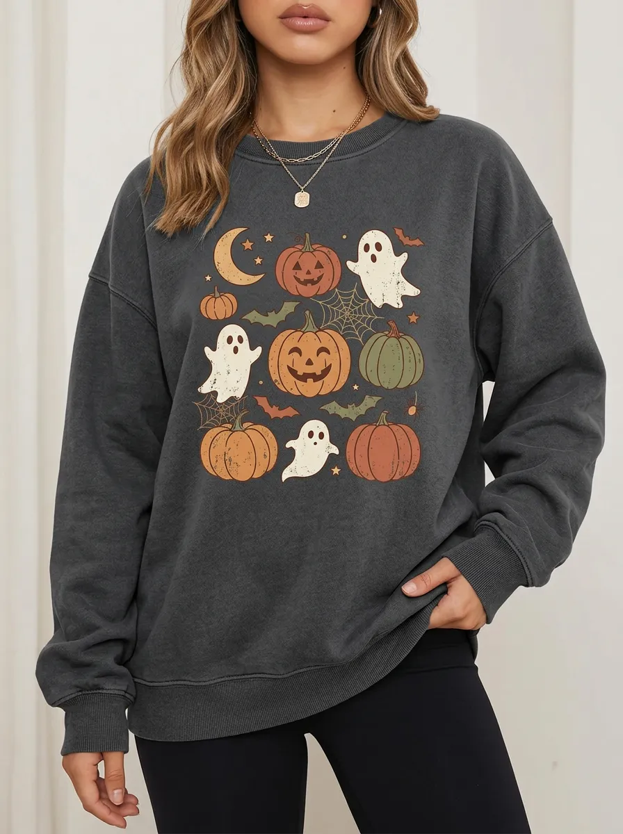 Women's Halloween Pumpkin Ghost Printed Sweatshirt